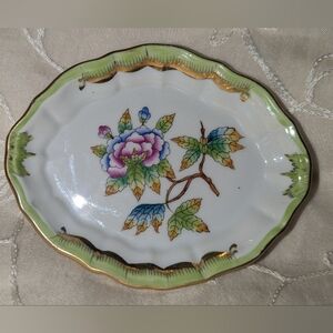 Vintage Herend Queen Victoria Green and Gold Floral Porcelain Dish